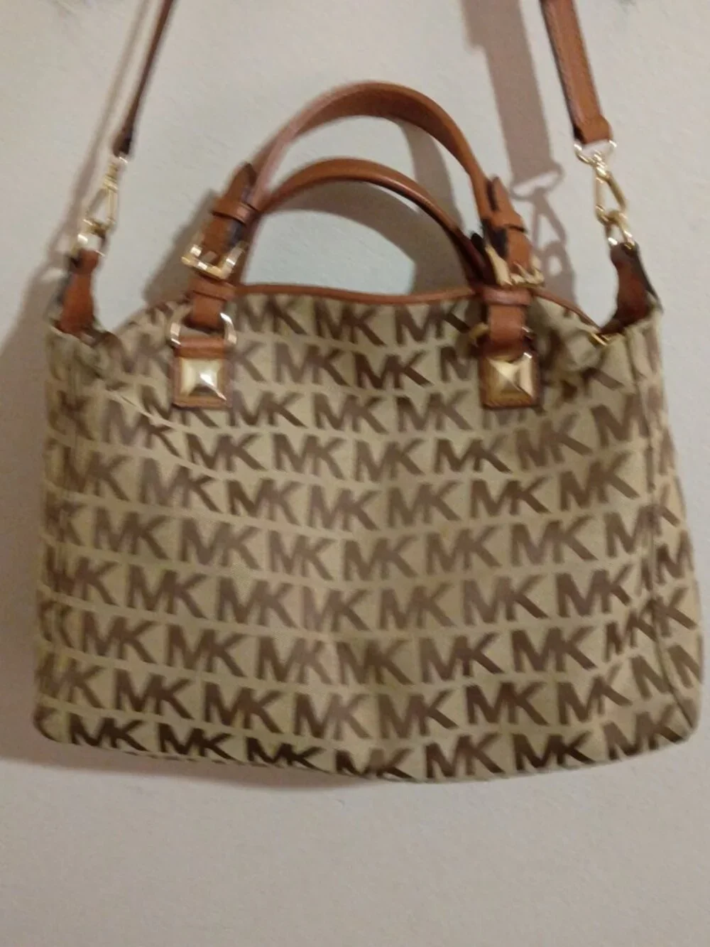 MICHAEL KORS Large Satchel MK Signature Tangerine Leather Jacquard Bag Canvas